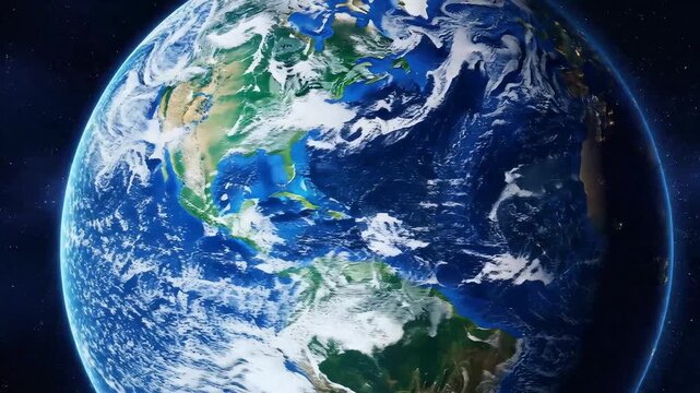 Rotating earth globe in space with detailed continents and oceans dynamic zoom effect