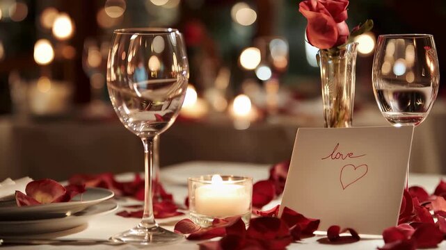 Romantic setting for two on Valentine's Day with red roses, candles, and a card for love in a cozy restaurant atmosphere during dinner