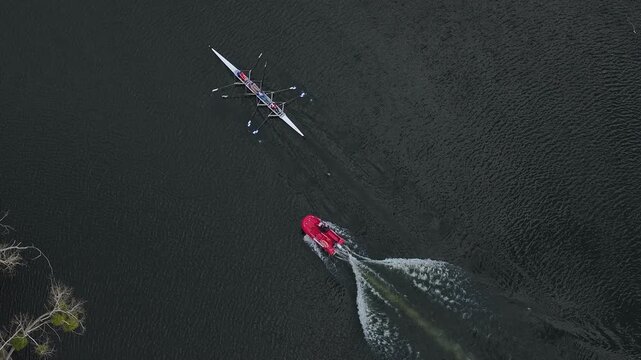 Aerial Bydgoszcz Poland Brda River kayak training. Northern Poland. River Brda inland waterway, tributary Vistula. Kayak course, race, competition and recreation. Boating athlete and exercise.