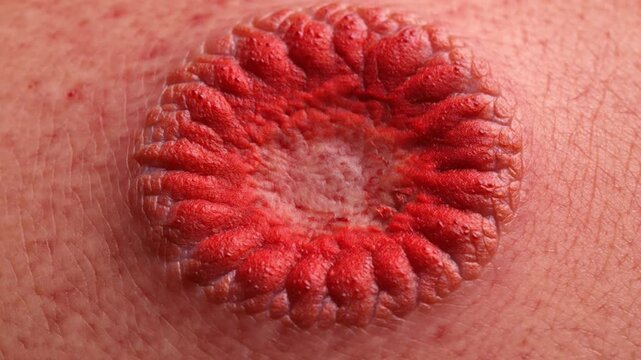 Macro medical visualization of fungal infection tinea corporis (ringworm) on skin, circular red rash with defined raised borders and clearer center, dermatology awareness concept