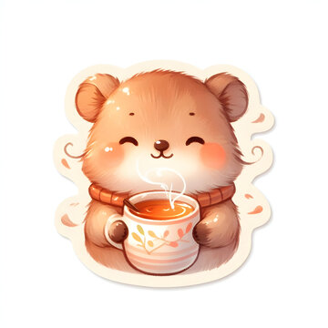 cute brown teddy bear holding tea cup with steam in cozy morning light