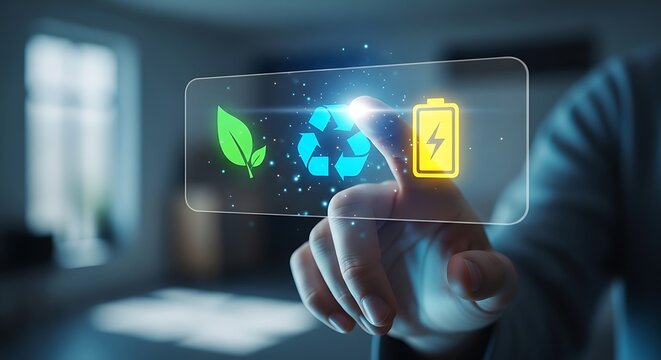 Hand touching interactive digital menu of eco friendly recycling icons