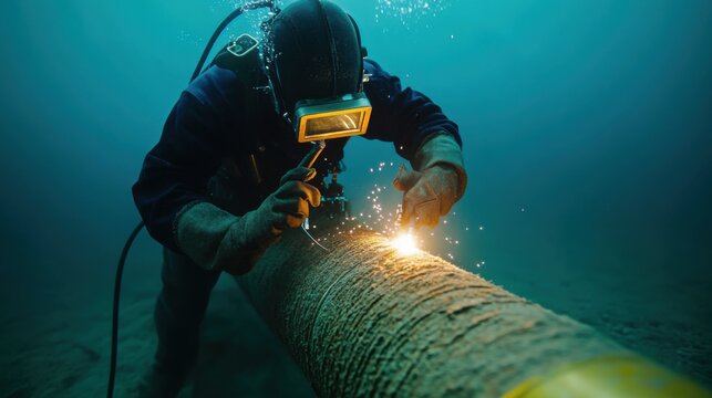 Underwater Welder Working on Pipeline with Sparks Flying in Ocean