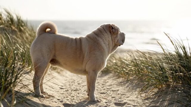 Cream Chinese Shar Pei dog standing on sandy coastal path between dune grass, ocean haze, curled tail, wrinkled muzzle, backlit seaside mood, calm purebred outdoor pet portrait with airy beach light