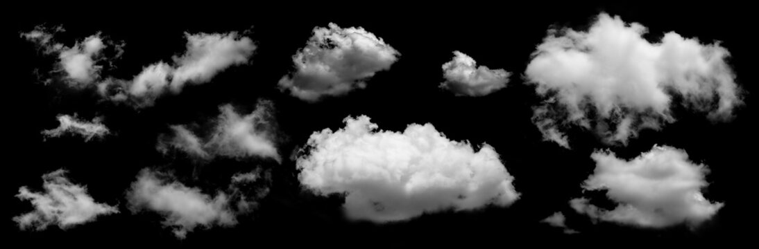 Cloud sky set of isolated white clouds with various shape and size on transparent background. Soft, fluffy cloud texture with natural appearance,weather element, mockup or foggy background.