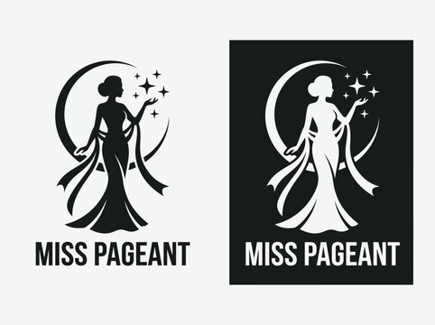 Elegant Miss Pageant Logo Template featuring a Beautiful Woman Silhouette with Moon and Stars. Black and white vector design for beauty contests, fashion, and glamour branding.