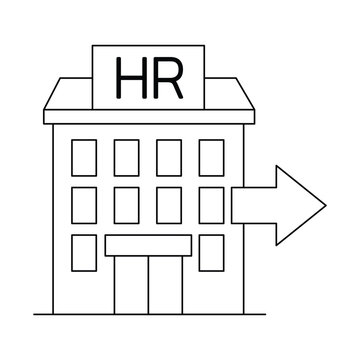HR building icon with an exit arrow representing outplacement and employee offboarding process.Editable stroke, Vector illustration, Line art Icon, Symbols.	