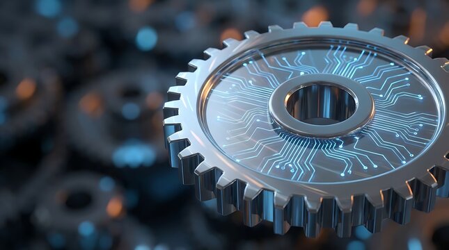 Close up of futuristic metallic gear with glowing blue circuit board pattern, representing technology, innovation and industry.
