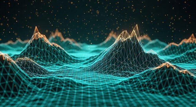 Digital topographic landscape features a glowing cyan wireframe mesh with luminous orange peaks. Sharp focus macro details create a futuristic atmosphere. Ideal for data science marketing.