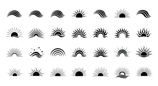 Collection of minimalist black line icons featuring sun waves rays and semi-circle designs in various styles