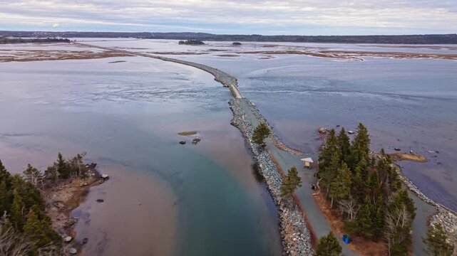 Cinematic Aerial Coastal Landscape Salt Marsh Cole Harbour Heritage Park Halifax Nova Scotia Canada Wetland Ecosystem Ocean Inlet Scenic Nature Background Peaceful Outdoor Environment 