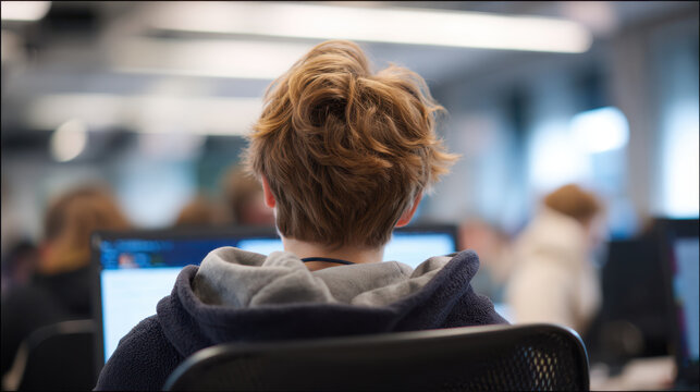 Back to school digital learning in classroom shows student focused on computer screen with blurred background and modern education setting