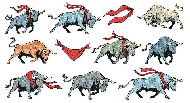 adobe Collection of dynamic bull illustrations in various poses and colors some adorned with red flowing sashes representing power strength and the wild spirit flash