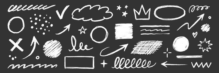 Chalk board underline arrow set. Chalk line hand drawn arrow doodle on chalkboard, blackboard texture. Scribble circle star, heart, crown cute school sign decoration background. Vector illustration © Polina Tomtosova