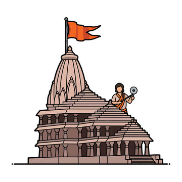 Minimalist Hindu temple illustration with orange flag halftone style