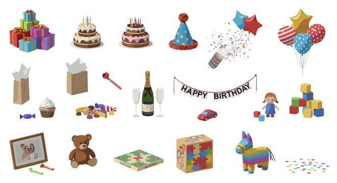 adobe Colorful birthday party icons and objects on white background for celebrations flash
