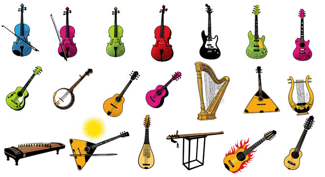 adobe Colorful musical instruments collection guitar violin drums harp flash