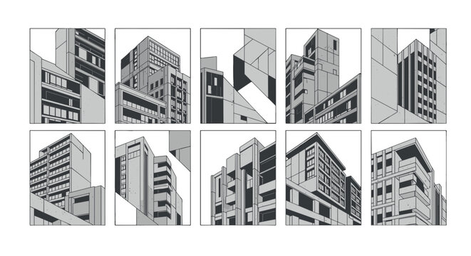 adobe Cityscape collage of modern urban skyscrapers in black and white with varied architectural styles and angles flash