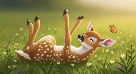 Naklejka premium Cute Fawn Laying in Meadow with Copy Space, Playful Nature Background