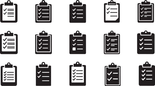Collection of fifteen black clipboard vector icon designs