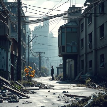 Abandoned Urban Alley with Silhouette of Man in Dystopian Cityscape