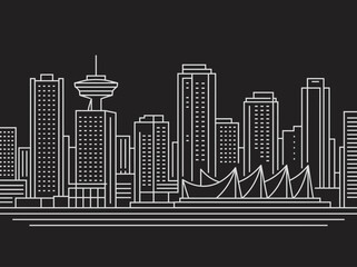 Obraz premium Minimalist Vancouver Skyline Line Art - Iconic City Landmarks including Canada Place and Harbour Centre - Modern Urban Cityscape Outline on Dark Background