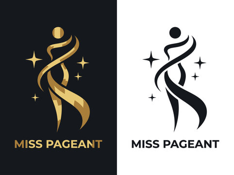 Elegant Miss Pageant Logo Design Featuring Abstract Female Silhouette with Stars and Flowing Ribbon in Gold and Black Color Options