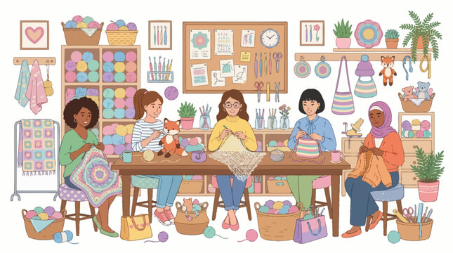 Diverse group of women enjoying a knitting and crochet class together.