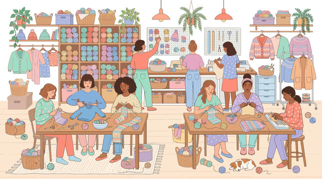 Diverse group of women enjoying knitting and crafting together.