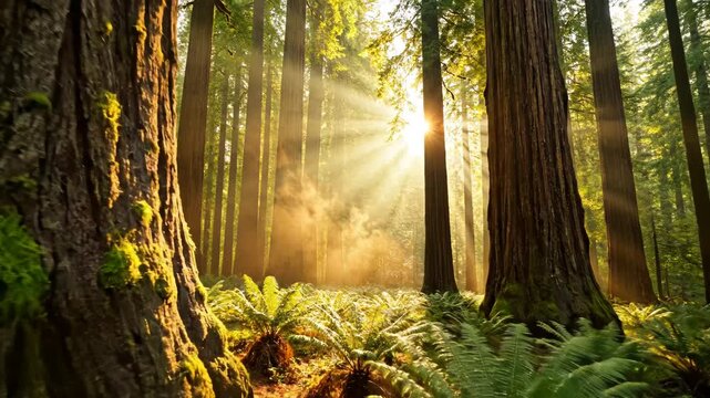 Sunlight filtering through tall forest trees symbolizing tranquility, harmony, and natural balance