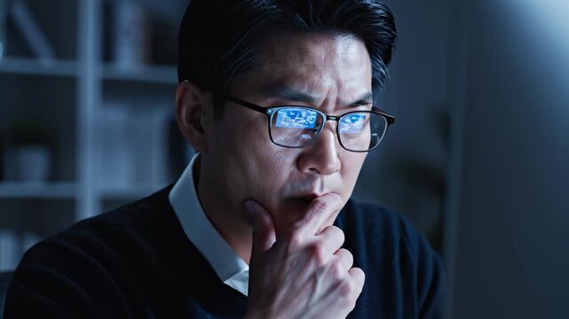 Man in glasses thinking about computer screen emphasizing advanced technology and cybersecurity