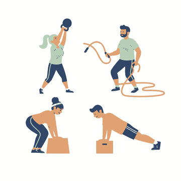 Diverse people exercising with weights, jump rope, and plyo box for fitness