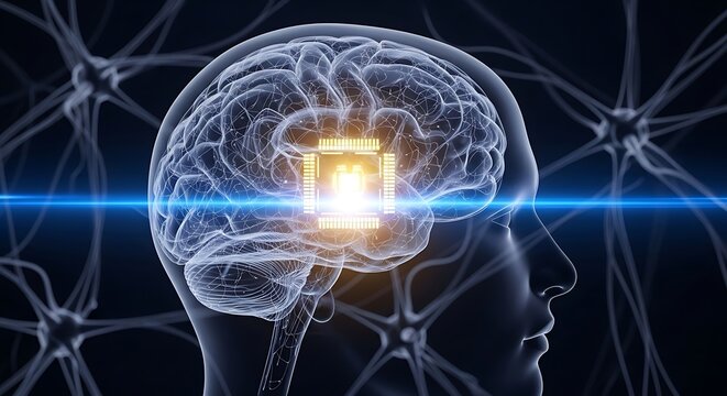 Neural microprocessor integrated within a human brain silhouette amidst glowing synaptic connections. This visual represents advanced neurotechnology for futuristic healthcare marketing.