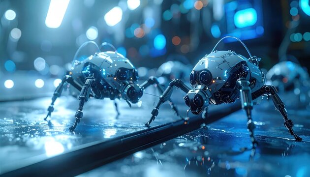 Futuristic Robotic Spiders Crawling on Wet Surface with Blue Lights.