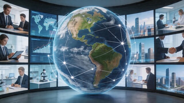 Business professionals working in modern offices laboratories and meeting rooms with digital screens displaying global maps charts and city skyline views connected by network
