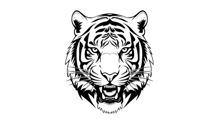Fierce Tiger Head Illustration - Black and White Line Art © Slamet