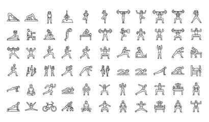 Naklejka premium 95 fitness icons set male female workout exercise line vector collection