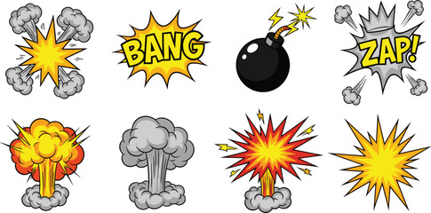 Set of Cartoon Explosion and Sound Effects Illustrations Including Bang, Zap, and Bomb © Remi