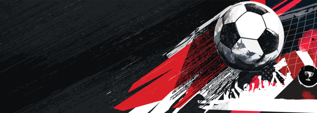Soccer tournament promotion banner black, white and red colors collage style have blank space.