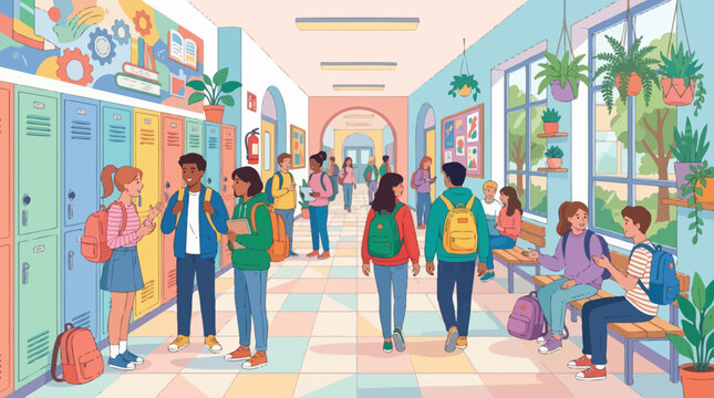 Diverse students walking through a vibrant school hallway.