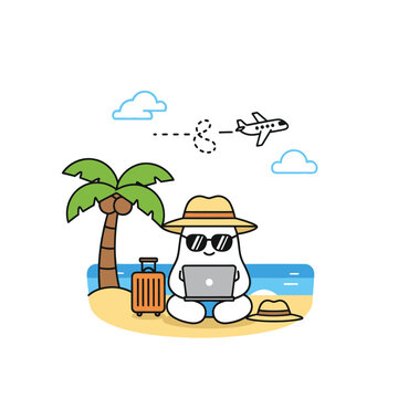 Cartoon Character Working Remotely on Tropical Beach with Laptop and Suitcase