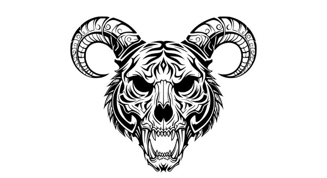 Tribal Tiger Skull with Ram Horns - Black and White Tattoo Design