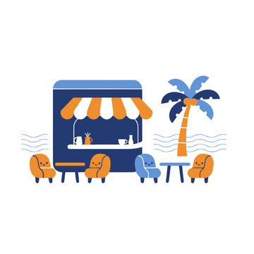 Cozy Beach Cafe with Palm Tree and Chairs - Vector Illustration