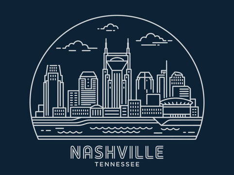 Nashville Tennessee City Skyline Line Art Vector Illustration with AT&T Building and Riverfront
