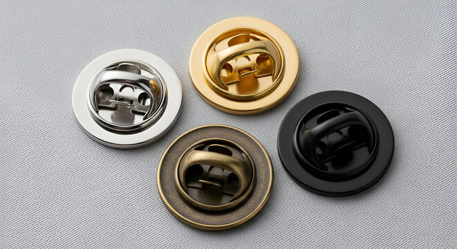Four metallic snap fasteners in different colors on gray background