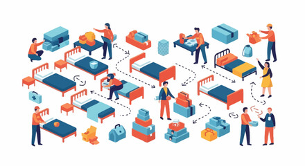 Fototapeta premium Isometric People Arranging Furniture and Boxes for Moving.