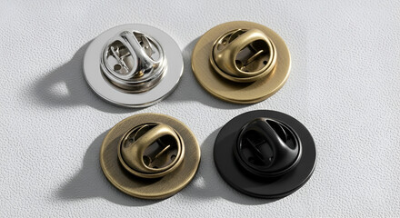 Obraz premium Set of snap fasteners in silver, gold, and black on white background