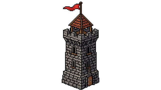 Isometric Medieval Stone Castle Tower with Red Flag.