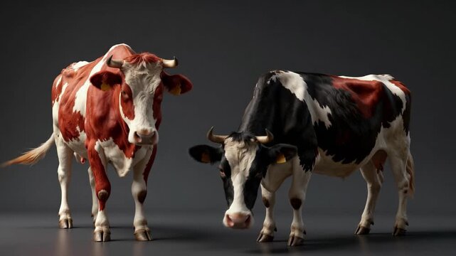 Two Cows Standing Together in a Dark Studio Setting Showcasing Farm Animal Life