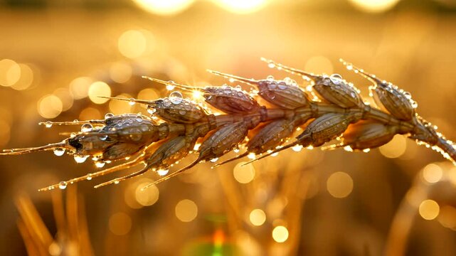 Close up view of golden wheat spikelet with morning dew drops at sunrise.